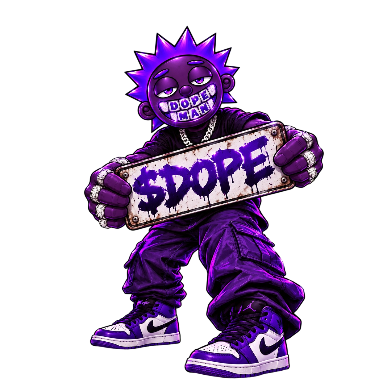 Dopeman holding a $DOPE plate, out on delivery