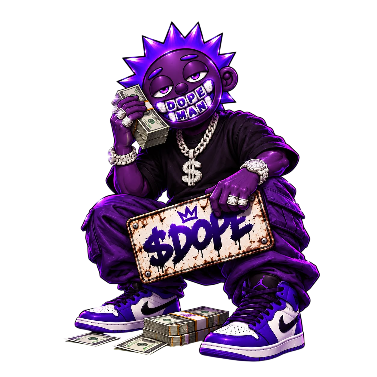 Dopeman lighting one up, holding the $DOPE plate